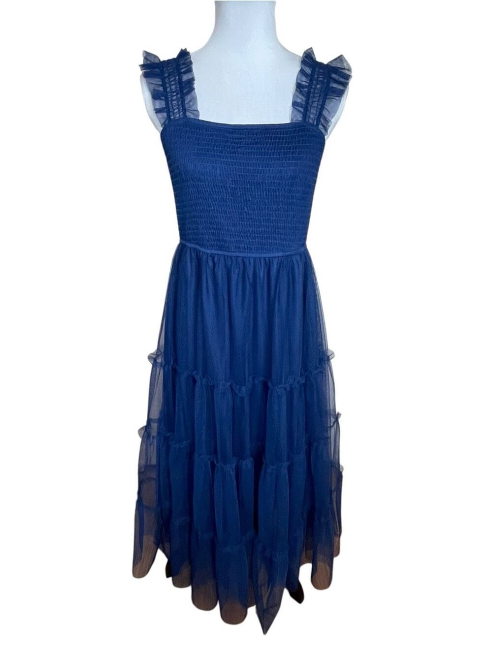 Prettygarden Midi Tulle Dress Sleeveless Smocked Square Neck Ruffle Flowy Party